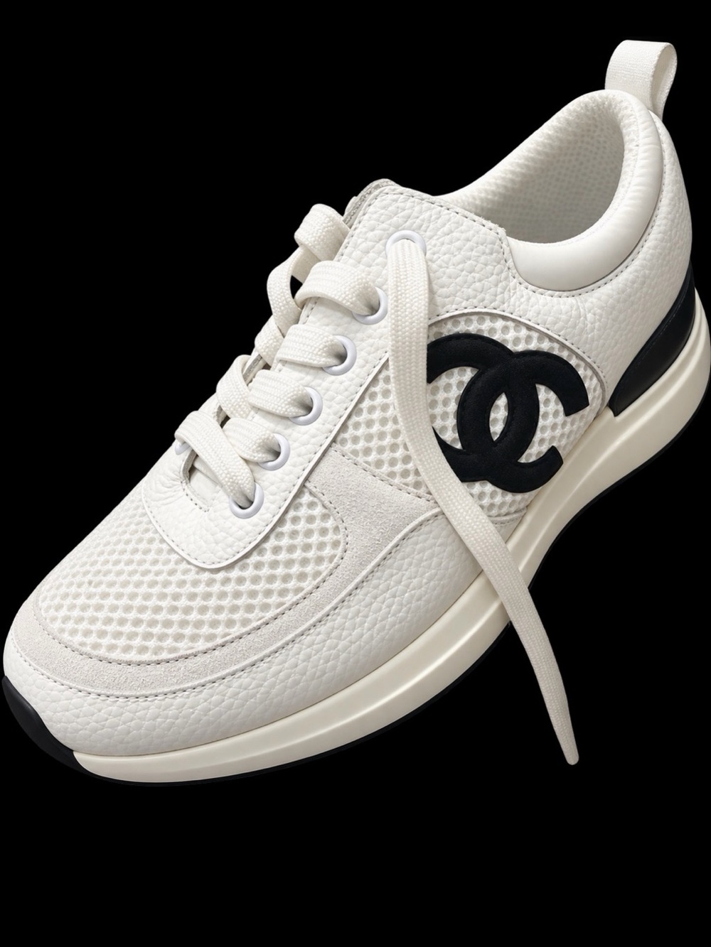 CHANEL White and Black CC Logo Mesh & Leather Women’s Sneaker